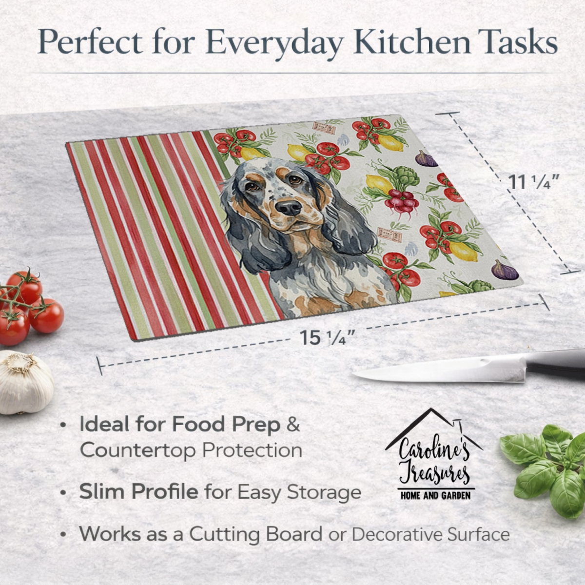 Picture of Carolines Treasures WDK8217LCB 11.25 x 15.25 in. Blue Roan & Tan English Cocker Spaniel Vegetables Glass Cutting Board