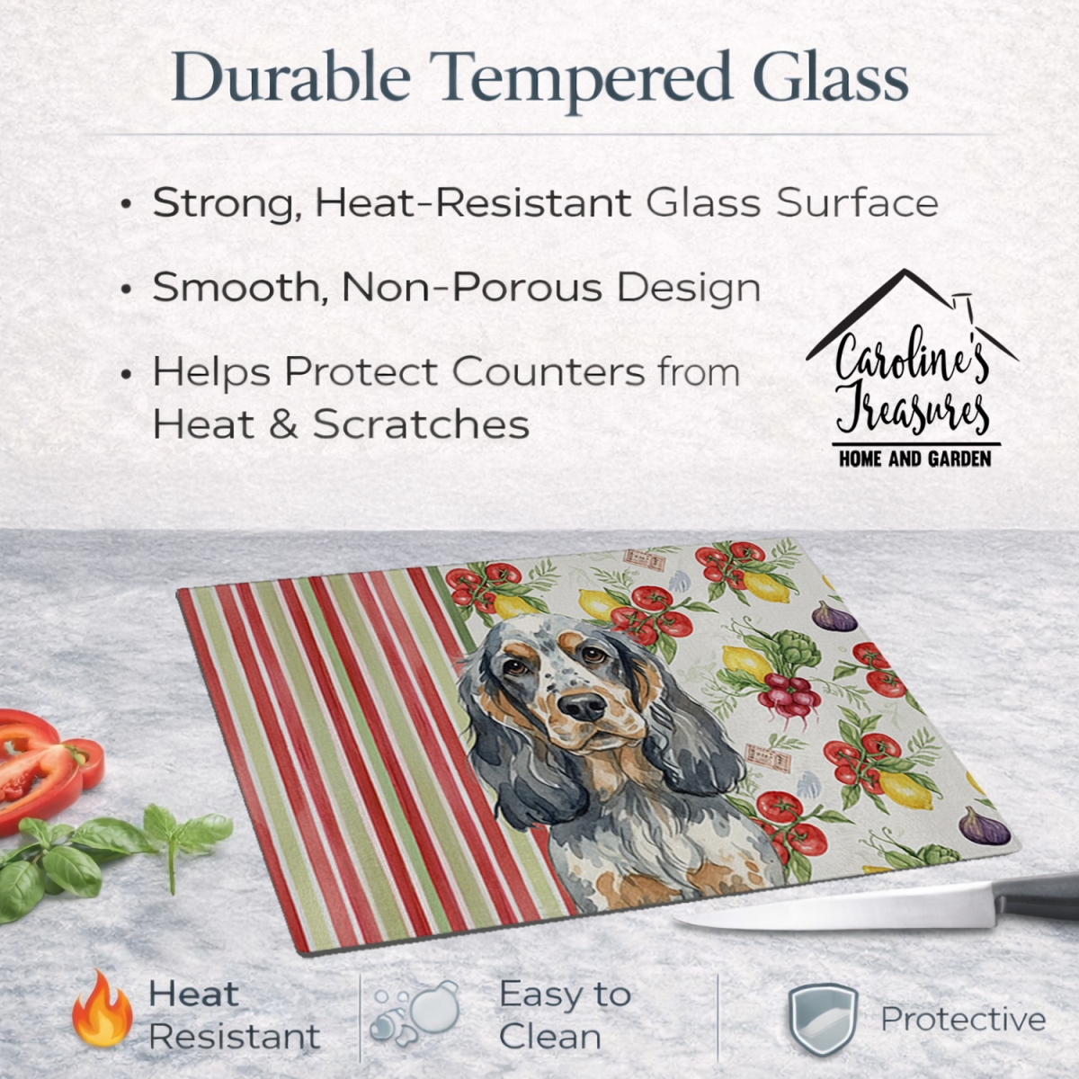 Picture of Carolines Treasures WDK8217LCB 11.25 x 15.25 in. Blue Roan & Tan English Cocker Spaniel Vegetables Glass Cutting Board