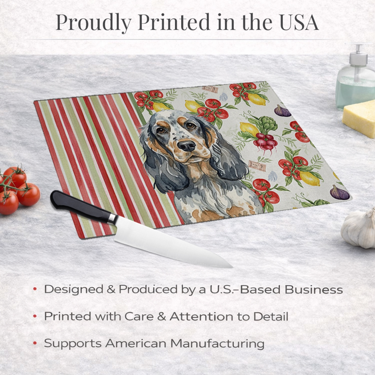 Picture of Carolines Treasures WDK8217LCB 11.25 x 15.25 in. Blue Roan & Tan English Cocker Spaniel Vegetables Glass Cutting Board