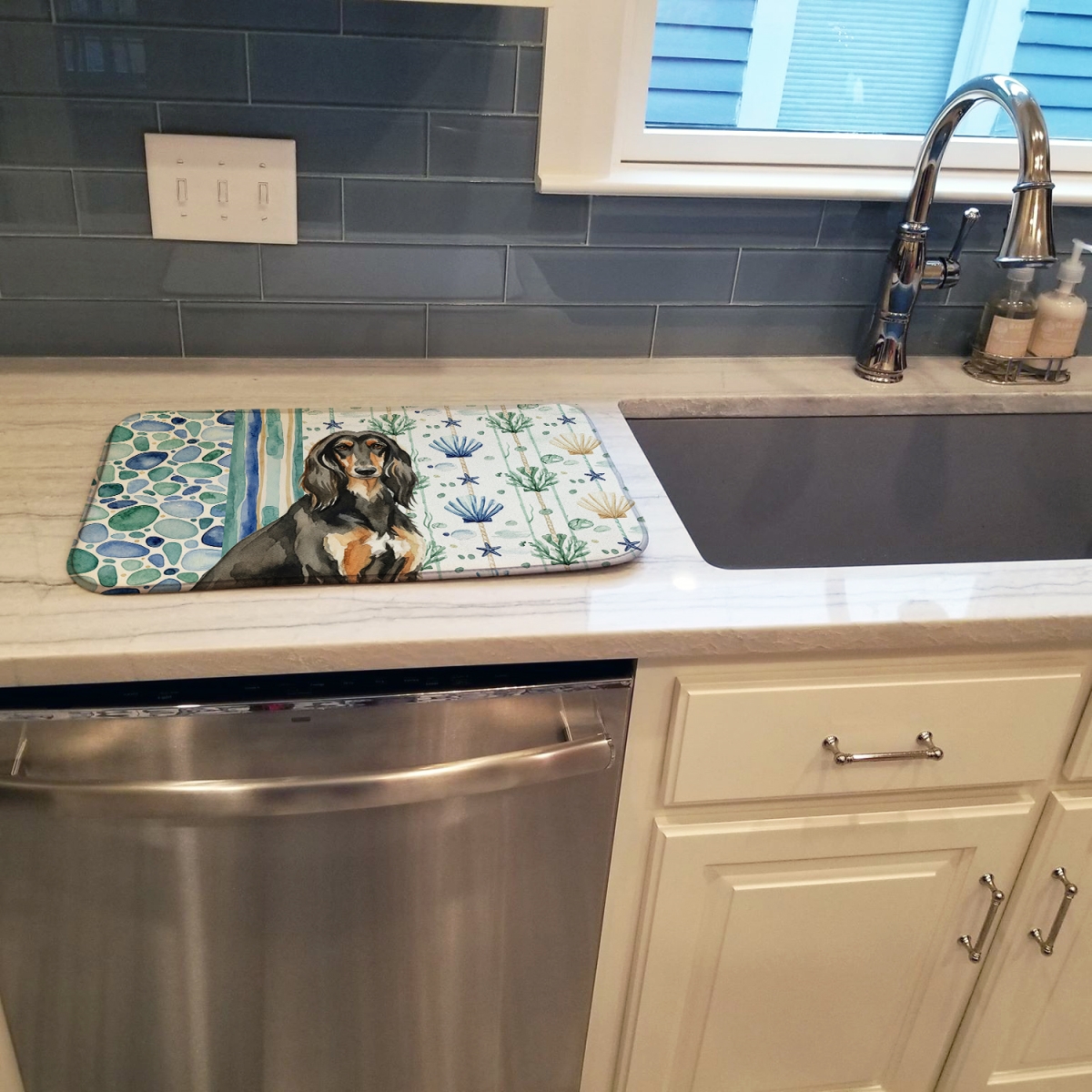 Picture of Carolines Treasures WDK6865DDM 21 x 14 in. Black & Tan Afghan Hound Coastal Sea Glass Dish Drying Mat