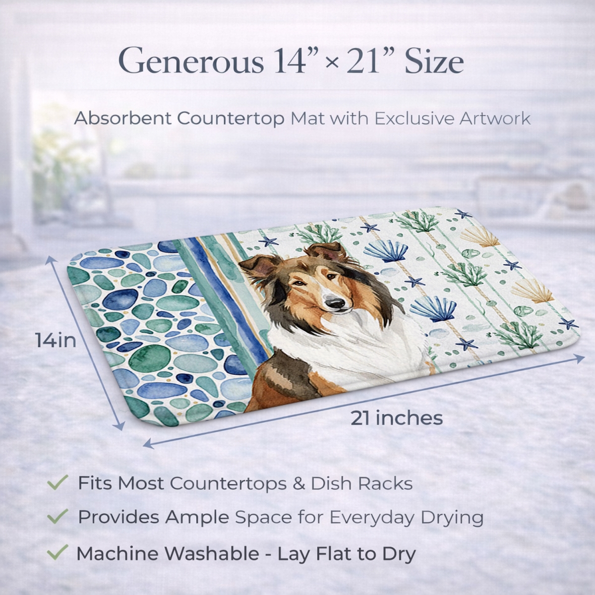 Picture of Carolines Treasures WDK6986DDM 21 x 14 in. Sable Collie Coastal Sea Glass Dish Drying Mat