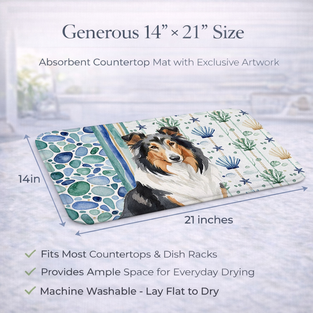 Picture of Carolines Treasures WDK6987DDM 21 x 14 in. Tricolor Collie Coastal Sea Glass Dish Drying Mat