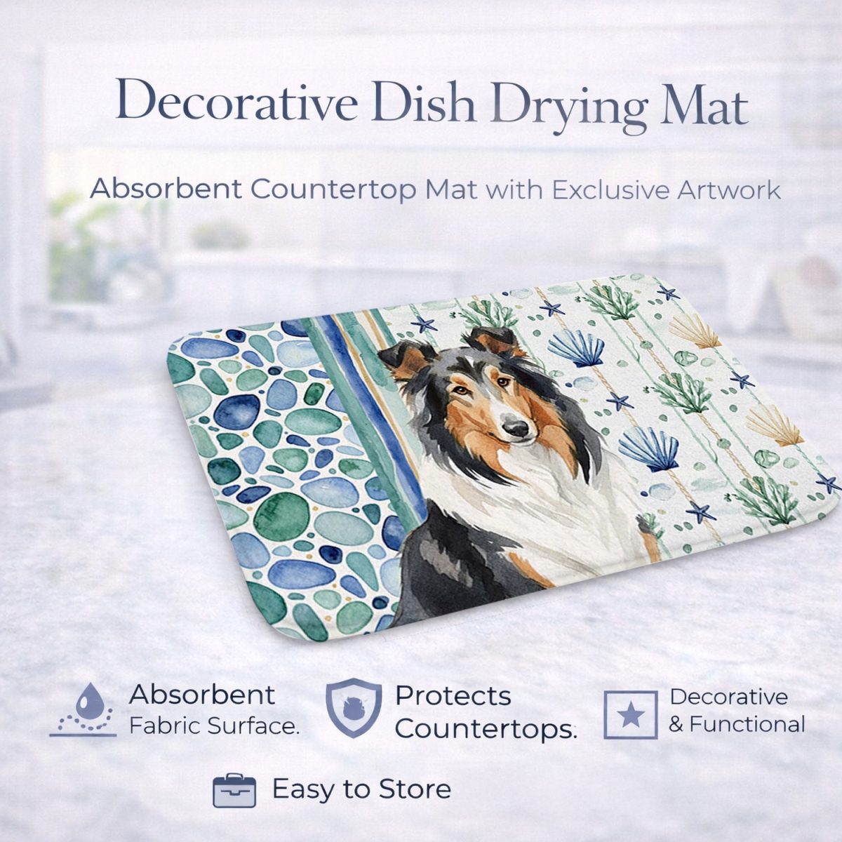 Picture of Carolines Treasures WDK6987DDM 21 x 14 in. Tricolor Collie Coastal Sea Glass Dish Drying Mat