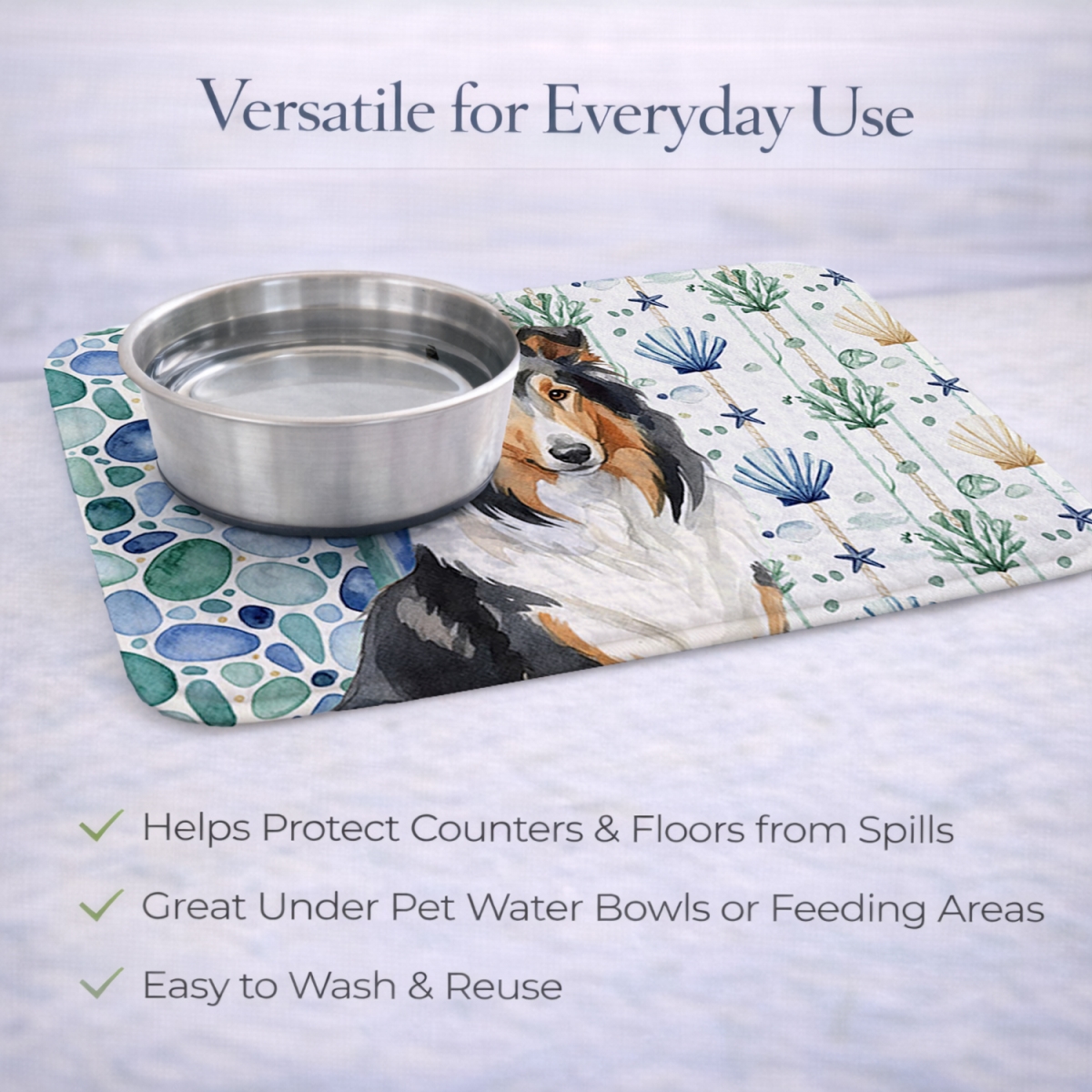 Picture of Carolines Treasures WDK6987DDM 21 x 14 in. Tricolor Collie Coastal Sea Glass Dish Drying Mat