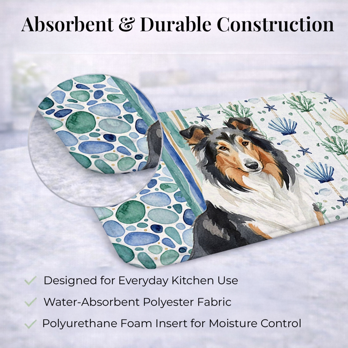 Picture of Carolines Treasures WDK6987DDM 21 x 14 in. Tricolor Collie Coastal Sea Glass Dish Drying Mat