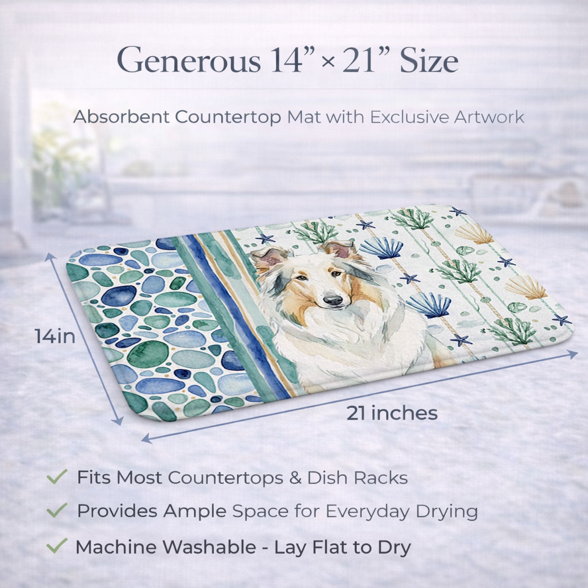Picture of Carolines Treasures WDK6988DDM 21 x 14 in. White Collie Coastal Sea Glass Dish Drying Mat