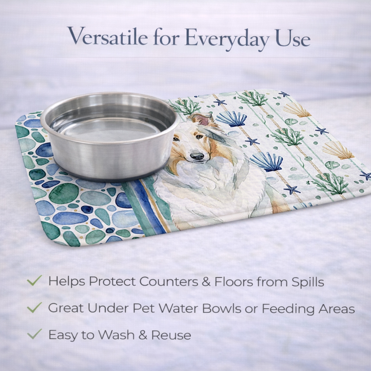 Picture of Carolines Treasures WDK6988DDM 21 x 14 in. White Collie Coastal Sea Glass Dish Drying Mat