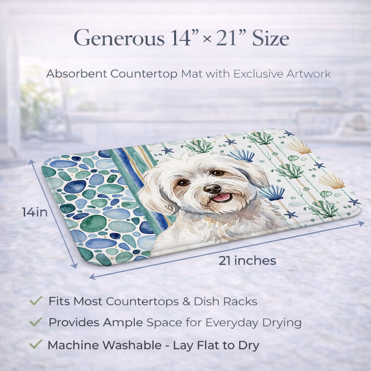 Picture of Carolines Treasures WDK6989DDM 21 x 14 in. Coton De Tulear Coastal Sea Glass Dish Drying Mat