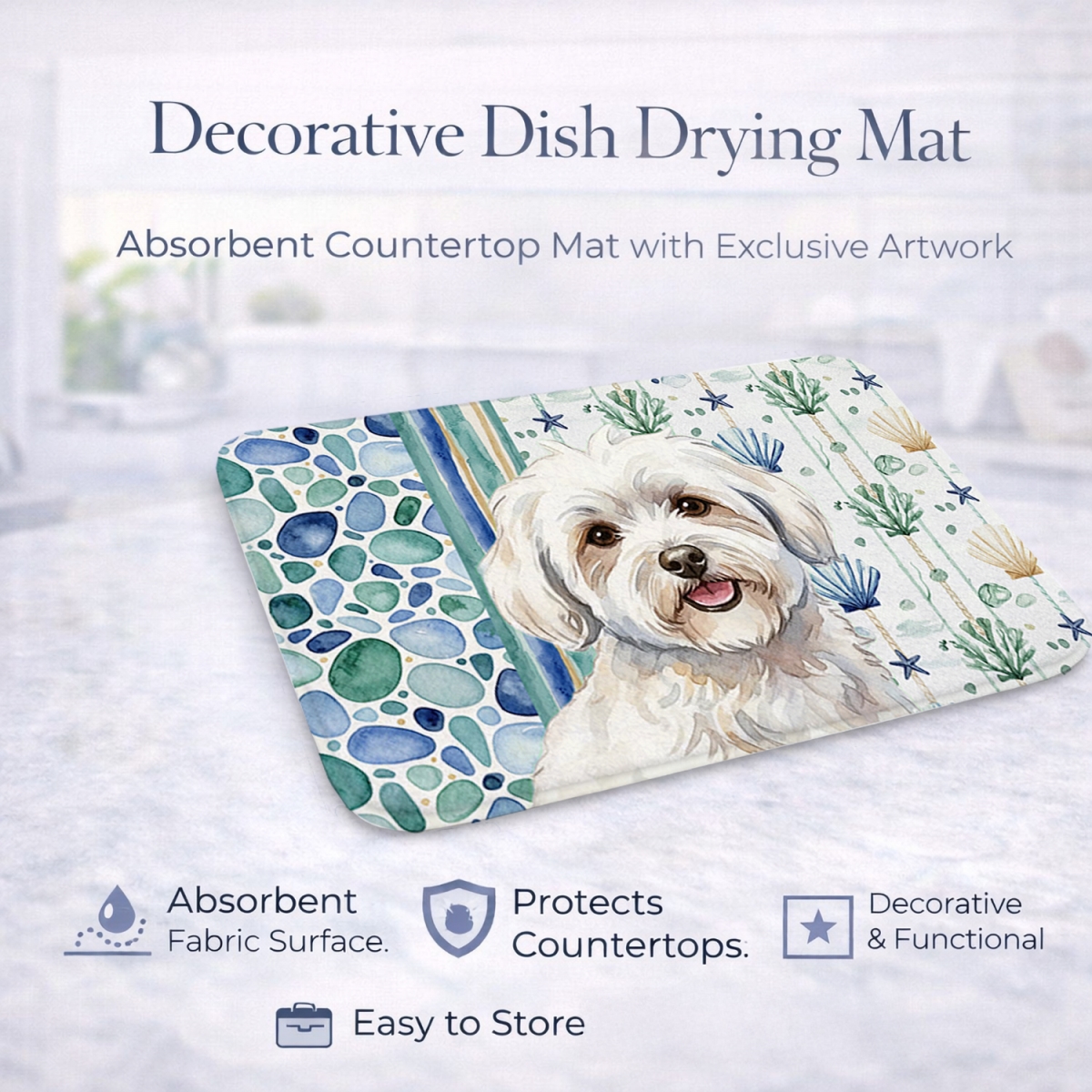 Picture of Carolines Treasures WDK6989DDM 21 x 14 in. Coton De Tulear Coastal Sea Glass Dish Drying Mat