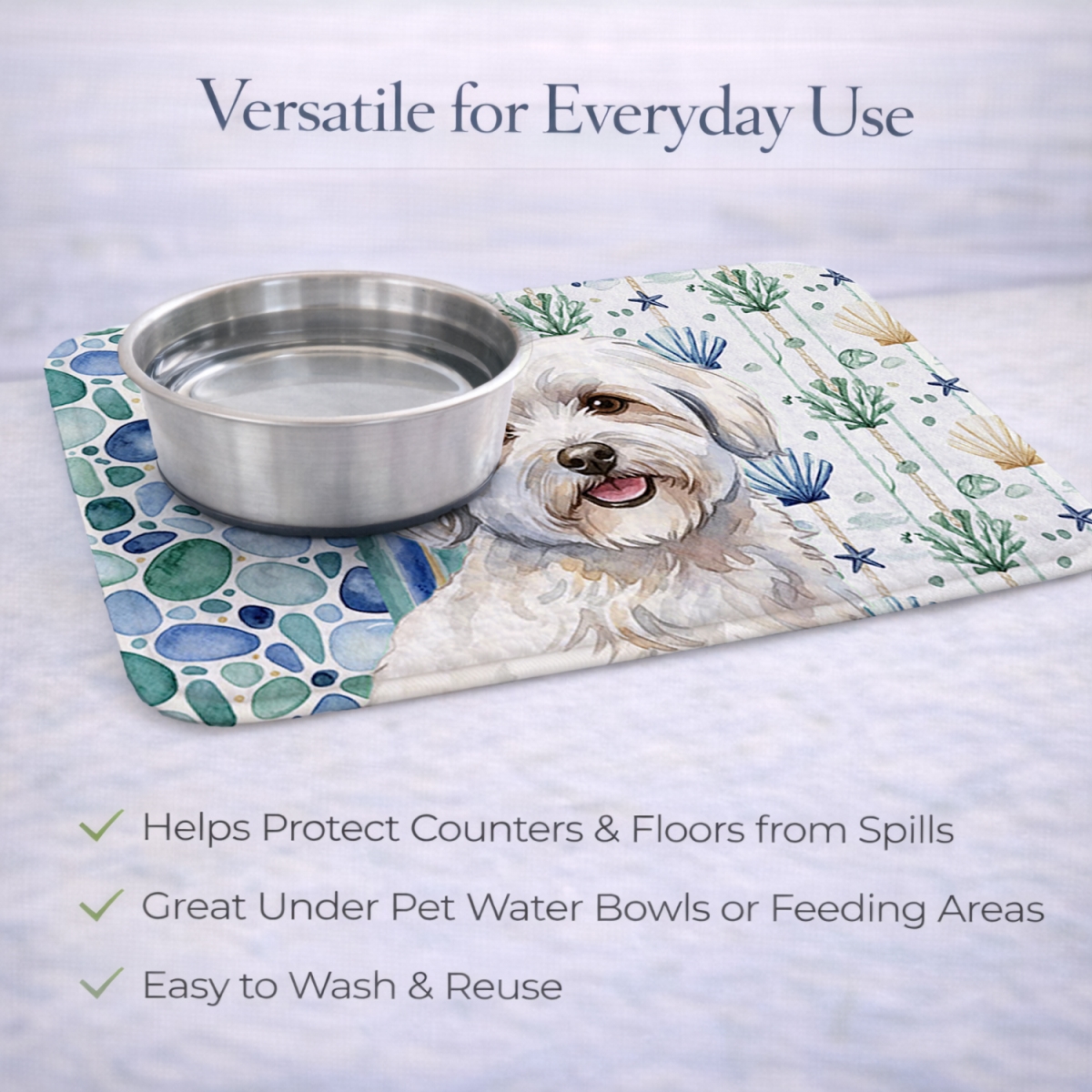 Picture of Carolines Treasures WDK6989DDM 21 x 14 in. Coton De Tulear Coastal Sea Glass Dish Drying Mat