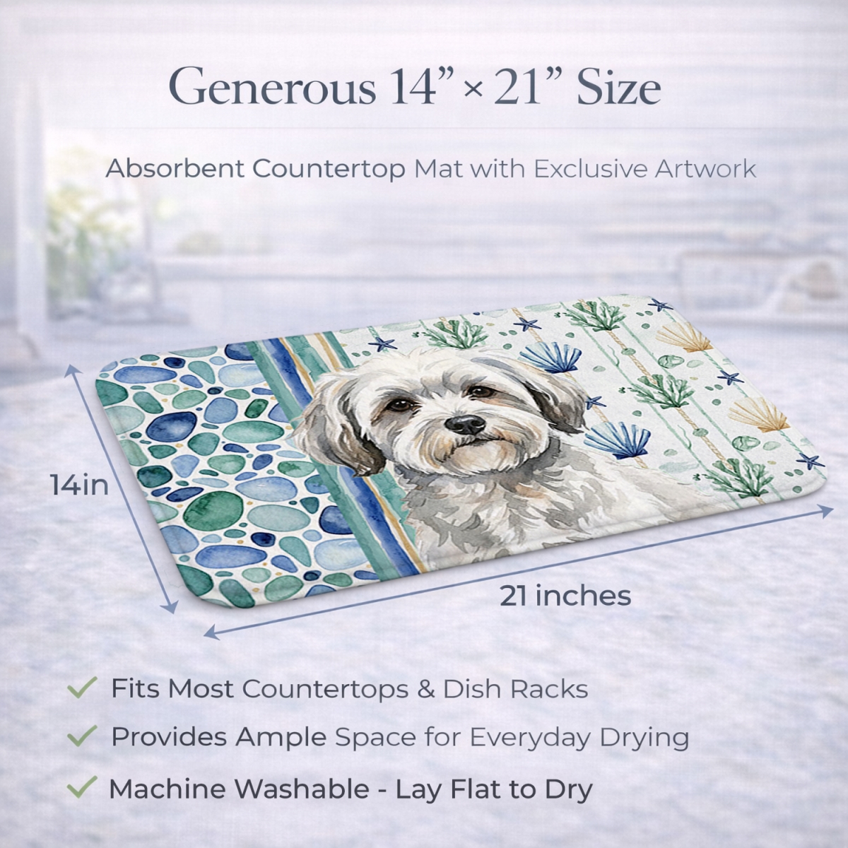 Picture of Carolines Treasures WDK6990DDM 21 x 14 in. White with Gray Coton De Tulear Coastal Sea Glass Dish Drying Mat
