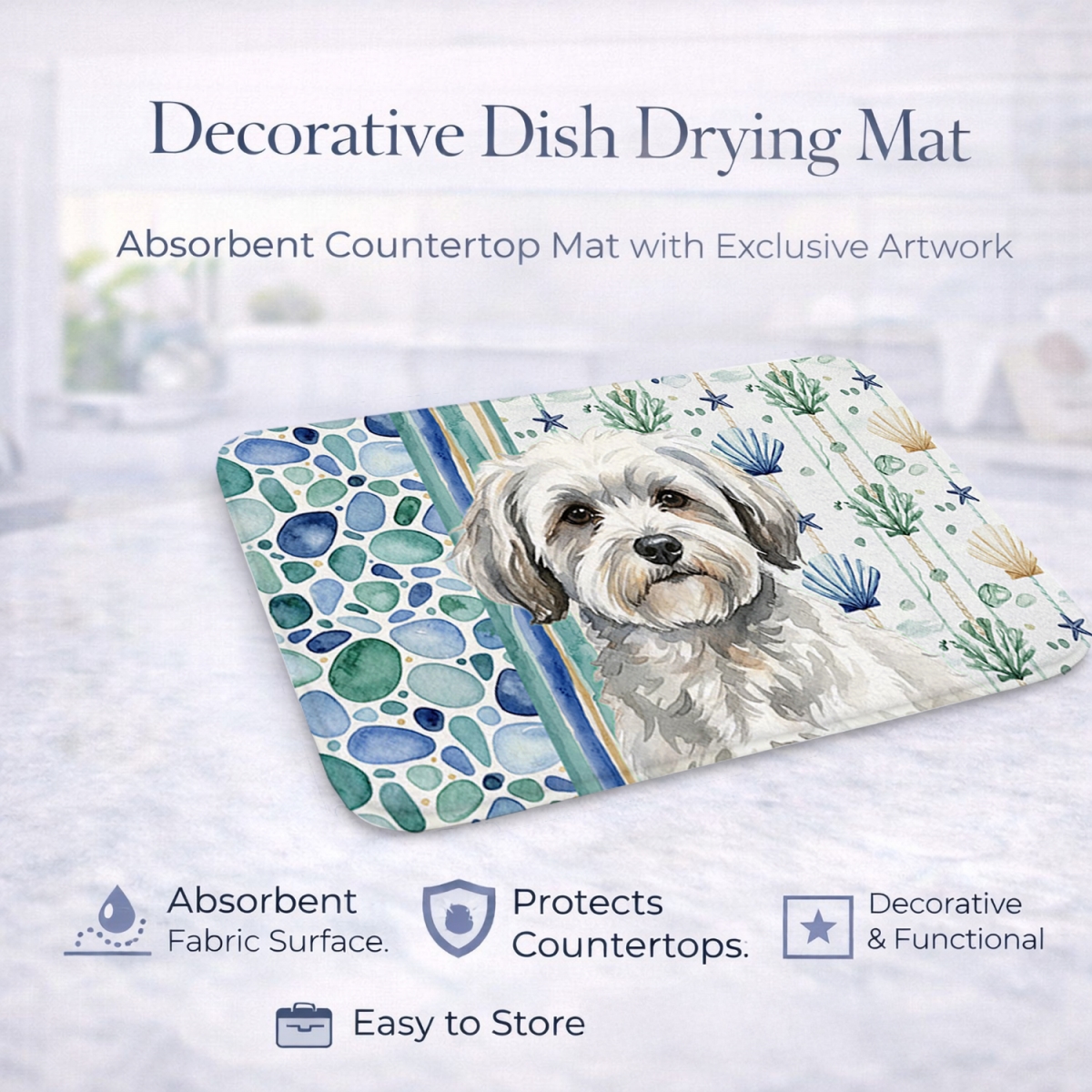 Picture of Carolines Treasures WDK6990DDM 21 x 14 in. White with Gray Coton De Tulear Coastal Sea Glass Dish Drying Mat