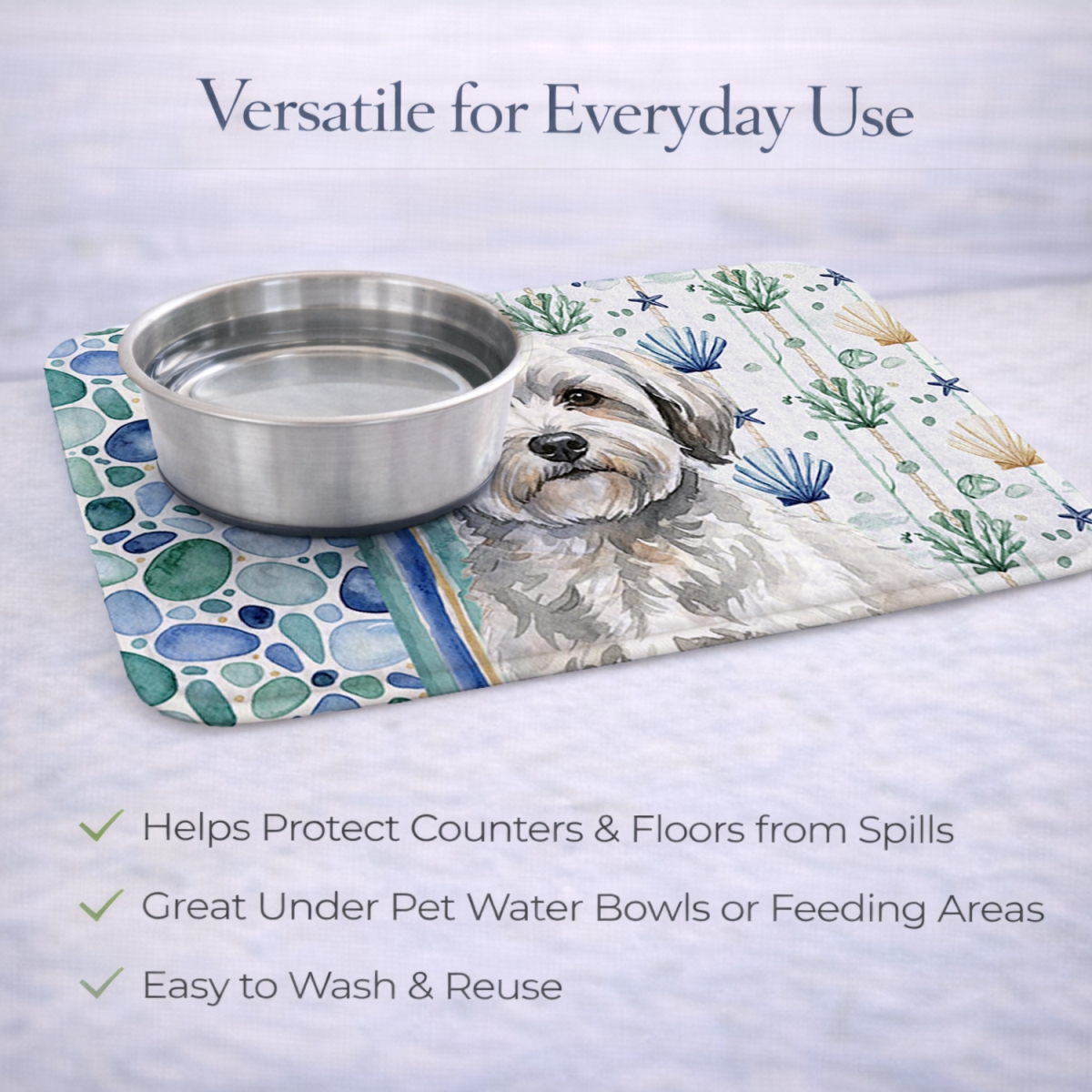 Picture of Carolines Treasures WDK6990DDM 21 x 14 in. White with Gray Coton De Tulear Coastal Sea Glass Dish Drying Mat