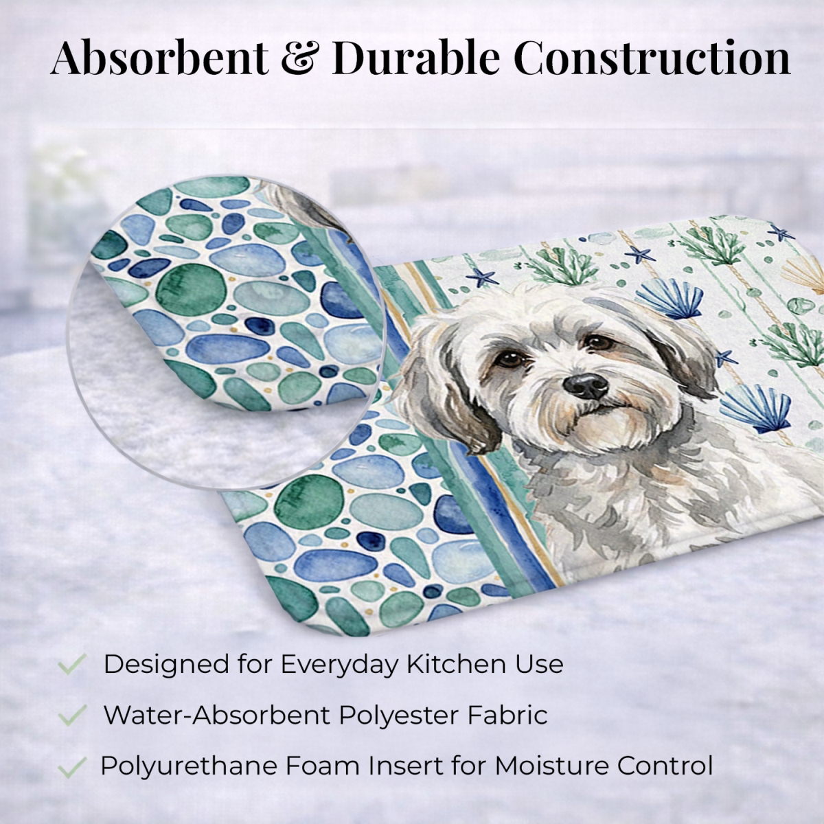 Picture of Carolines Treasures WDK6990DDM 21 x 14 in. White with Gray Coton De Tulear Coastal Sea Glass Dish Drying Mat