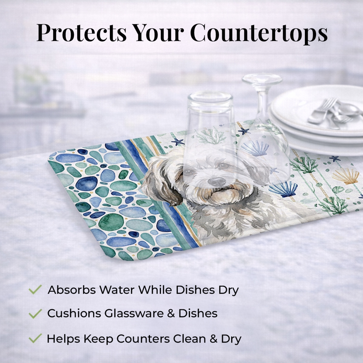 Picture of Carolines Treasures WDK6990DDM 21 x 14 in. White with Gray Coton De Tulear Coastal Sea Glass Dish Drying Mat
