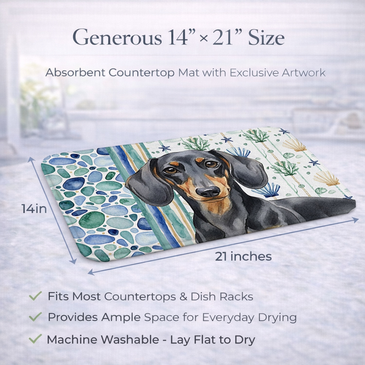Picture of Carolines Treasures WDK6991DDM 21 x 14 in. Black & Tan Dachshund Coastal Sea Glass Dish Drying Mat