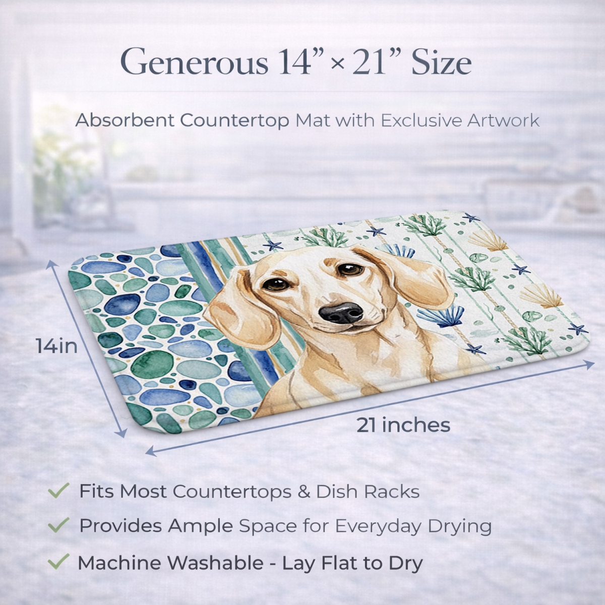 Picture of Carolines Treasures WDK6993DDM 21 x 14 in. Cream Dachshund Coastal Sea Glass Dish Drying Mat