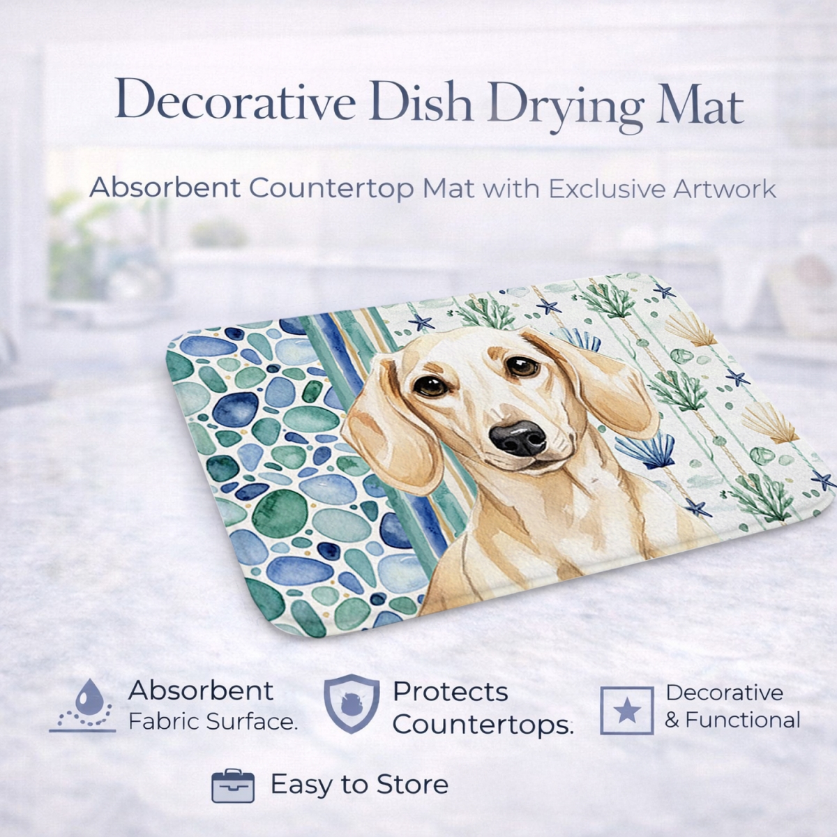 Picture of Carolines Treasures WDK6993DDM 21 x 14 in. Cream Dachshund Coastal Sea Glass Dish Drying Mat