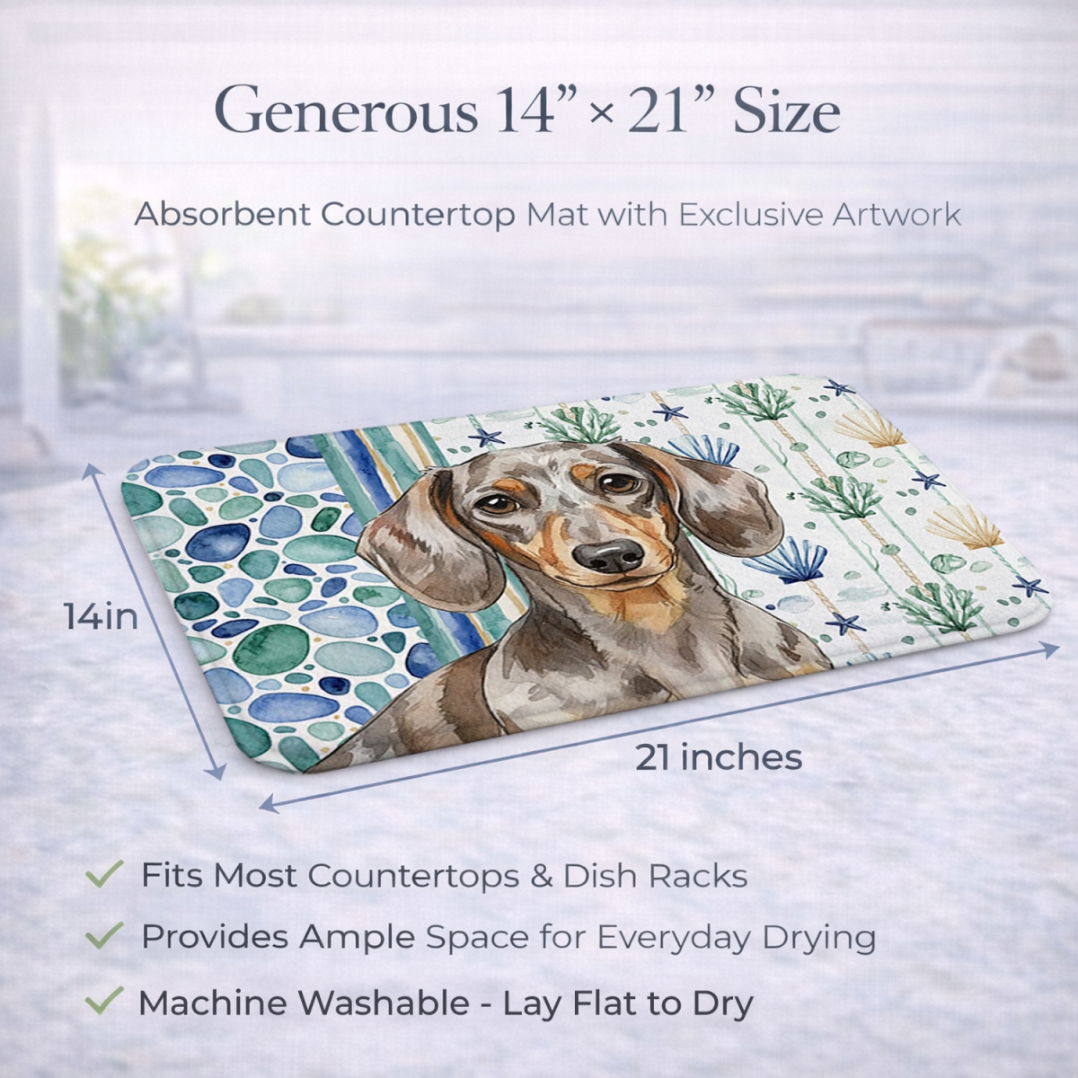 Picture of Carolines Treasures WDK6994DDM 21 x 14 in. Dapple Dachshund Coastal Sea Glass Dish Drying Mat