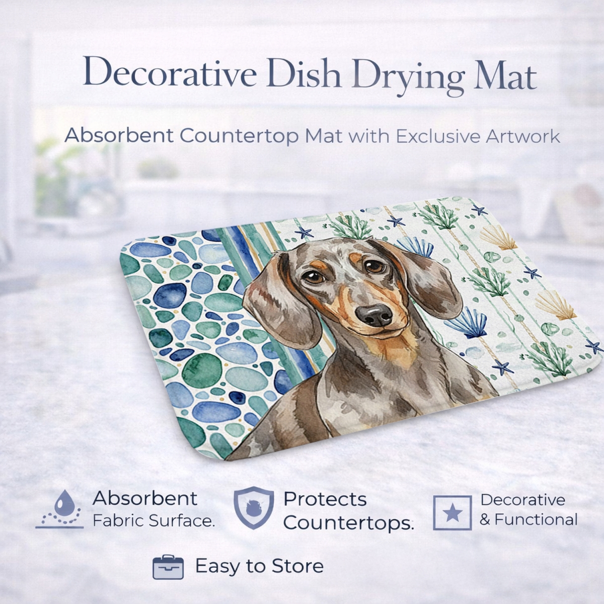 Picture of Carolines Treasures WDK6994DDM 21 x 14 in. Dapple Dachshund Coastal Sea Glass Dish Drying Mat