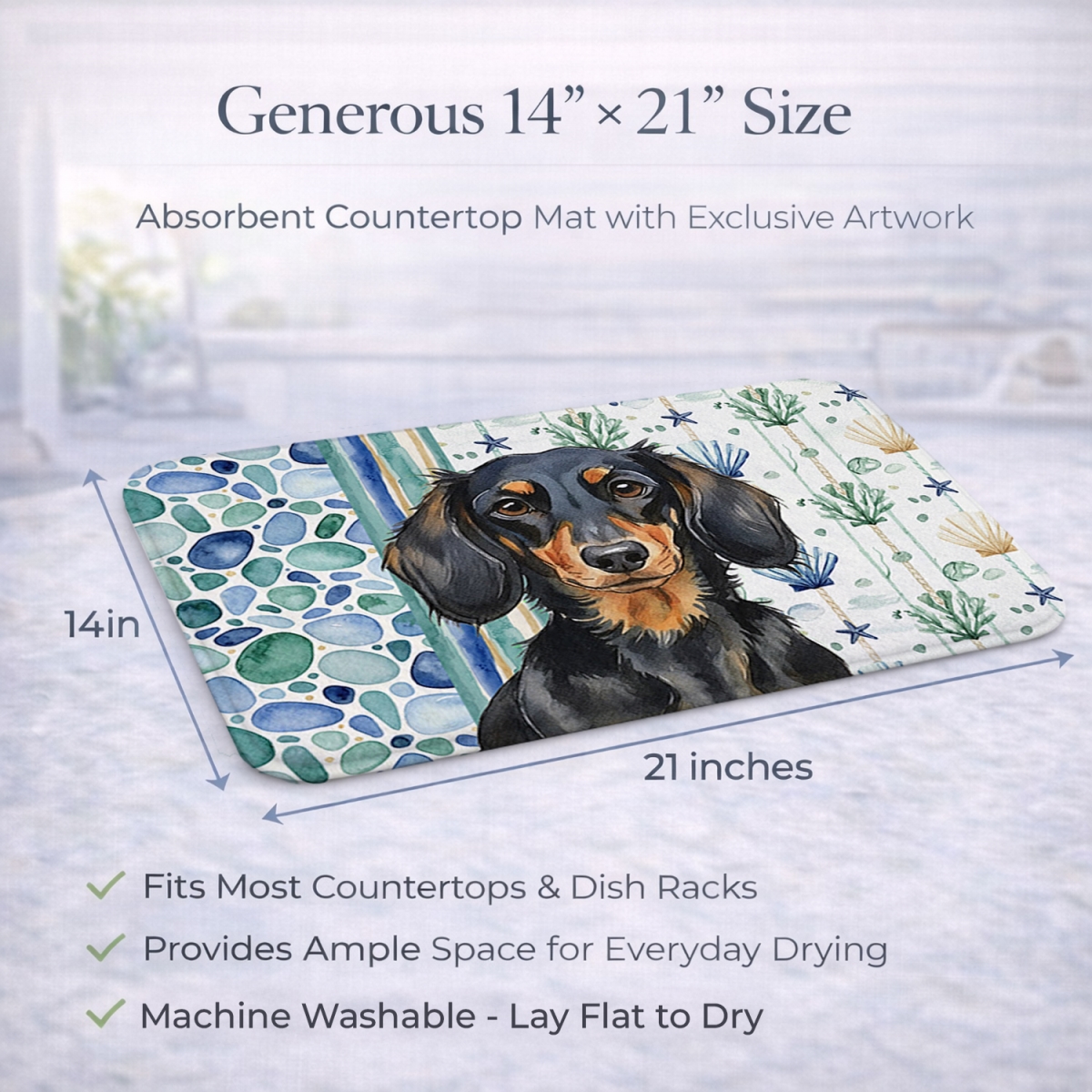 Picture of Carolines Treasures WDK6995DDM 21 x 14 in. Longhaired Black & Tan Dachshund Coastal Sea Glass Dish Drying Mat