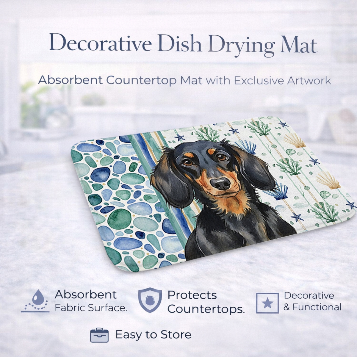 Picture of Carolines Treasures WDK6995DDM 21 x 14 in. Longhaired Black & Tan Dachshund Coastal Sea Glass Dish Drying Mat
