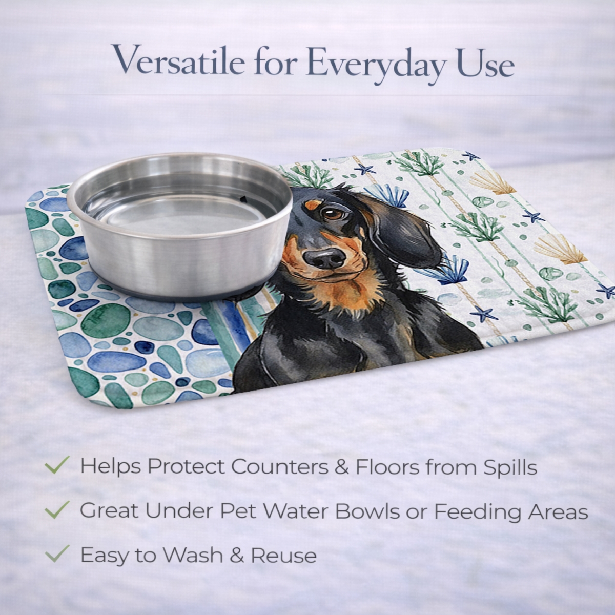 Picture of Carolines Treasures WDK6995DDM 21 x 14 in. Longhaired Black & Tan Dachshund Coastal Sea Glass Dish Drying Mat