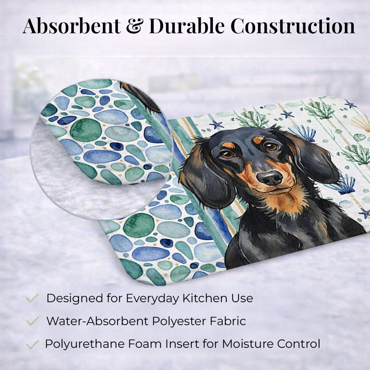 Picture of Carolines Treasures WDK6995DDM 21 x 14 in. Longhaired Black & Tan Dachshund Coastal Sea Glass Dish Drying Mat