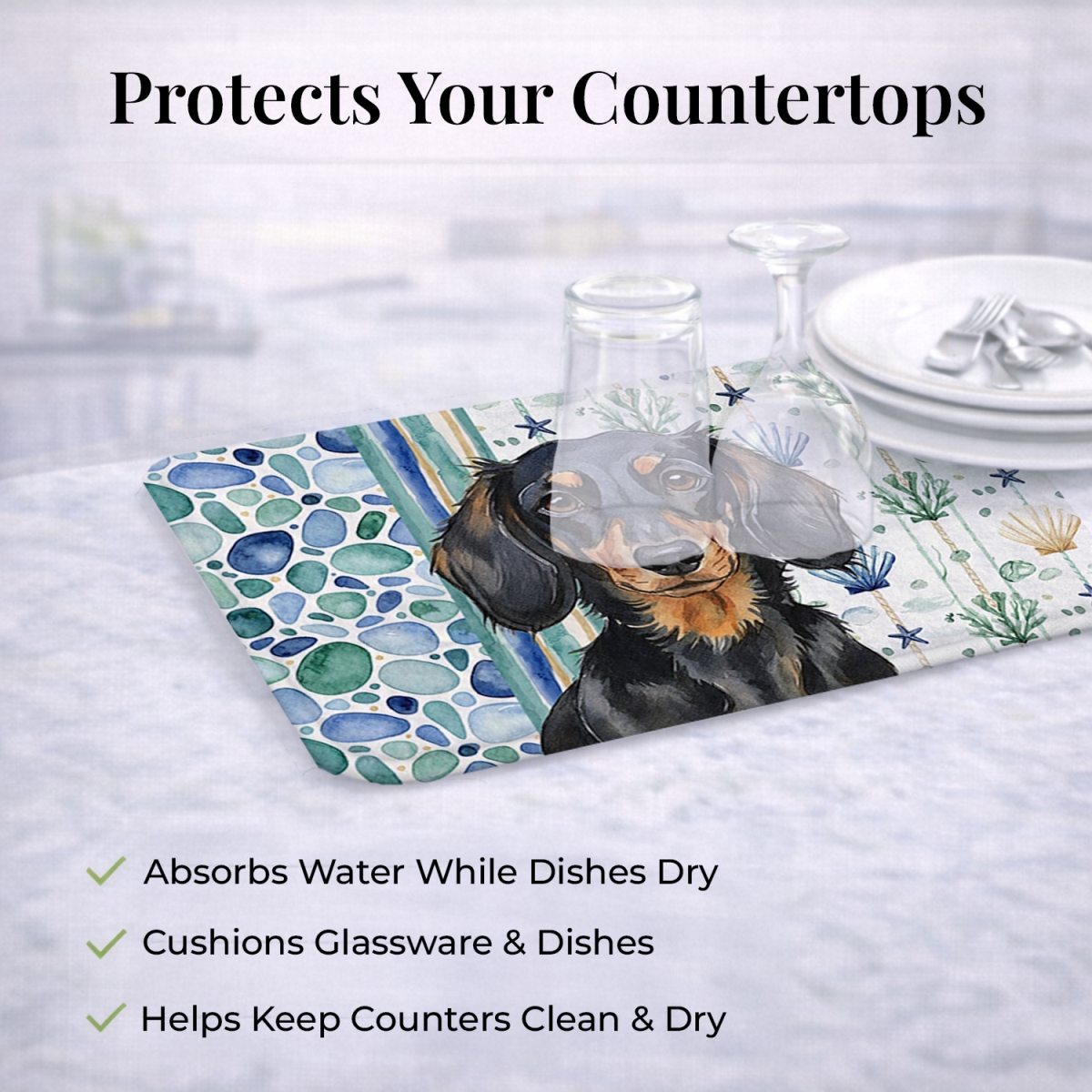 Picture of Carolines Treasures WDK6995DDM 21 x 14 in. Longhaired Black & Tan Dachshund Coastal Sea Glass Dish Drying Mat