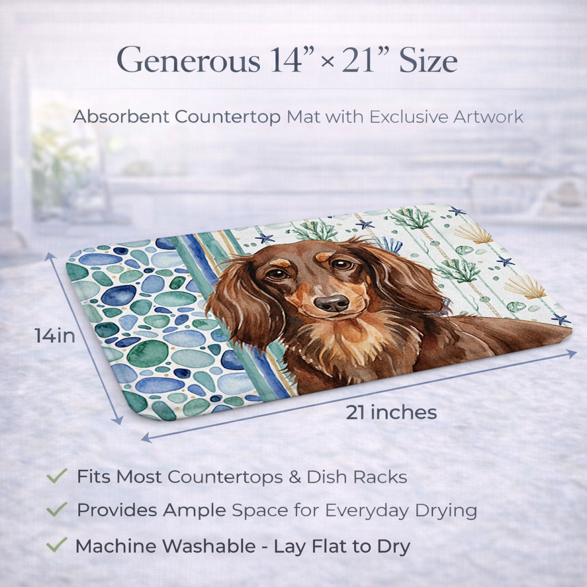 Picture of Carolines Treasures WDK6996DDM 21 x 14 in. Longhaired Chocolate & Tan Dachshund Coastal Sea Glass Dish Drying Mat