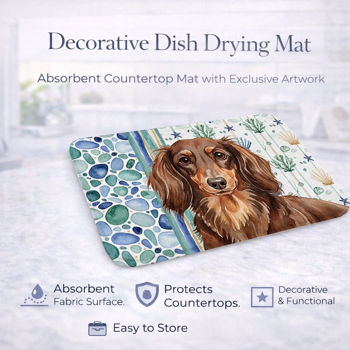 Picture of Carolines Treasures WDK6996DDM 21 x 14 in. Longhaired Chocolate & Tan Dachshund Coastal Sea Glass Dish Drying Mat