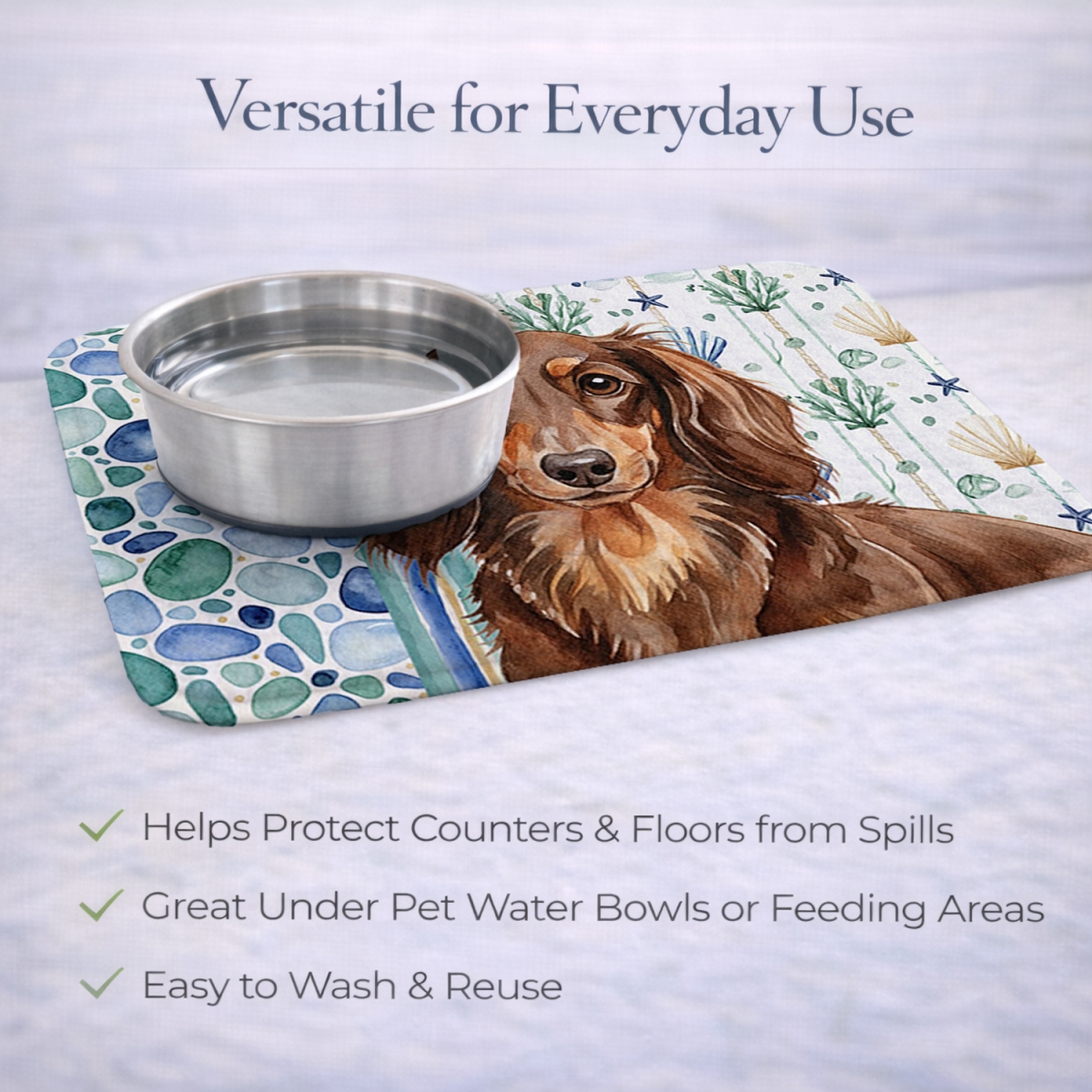 Picture of Carolines Treasures WDK6996DDM 21 x 14 in. Longhaired Chocolate & Tan Dachshund Coastal Sea Glass Dish Drying Mat