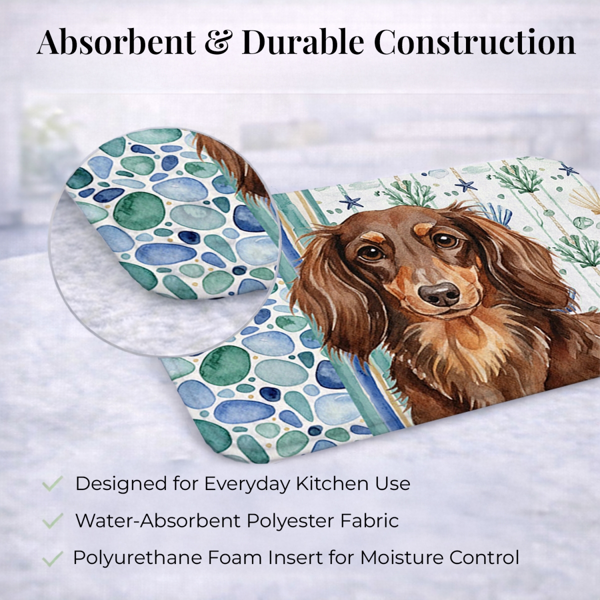 Picture of Carolines Treasures WDK6996DDM 21 x 14 in. Longhaired Chocolate & Tan Dachshund Coastal Sea Glass Dish Drying Mat