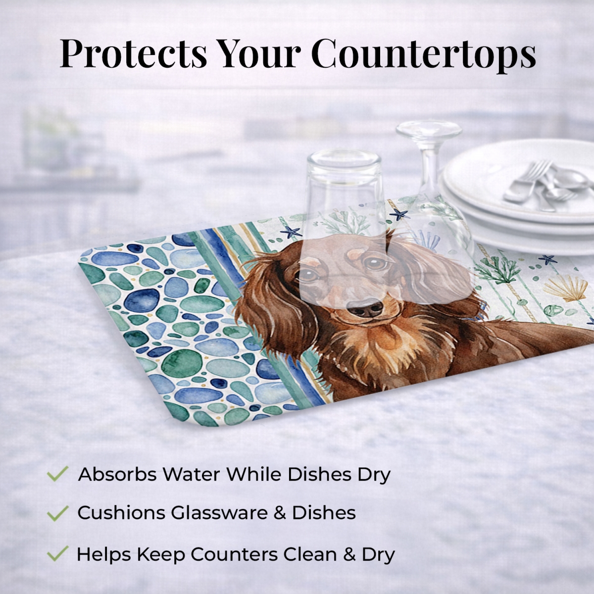 Picture of Carolines Treasures WDK6996DDM 21 x 14 in. Longhaired Chocolate & Tan Dachshund Coastal Sea Glass Dish Drying Mat