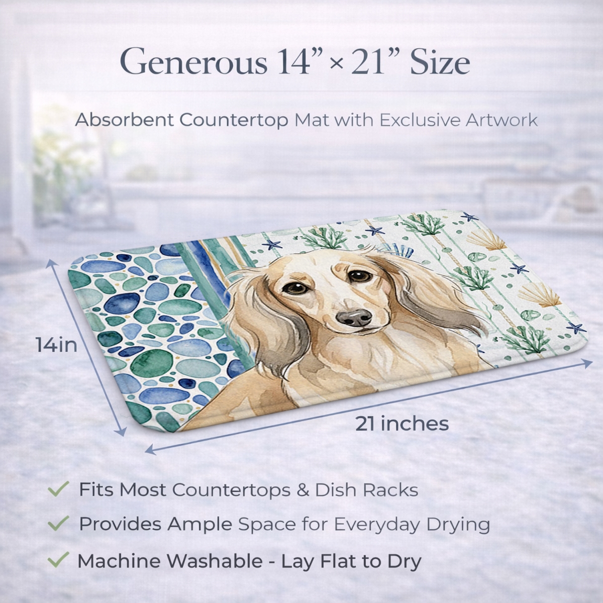 Picture of Carolines Treasures WDK6997DDM 21 x 14 in. Longhaired Cream Dachshund Coastal Sea Glass Dish Drying Mat