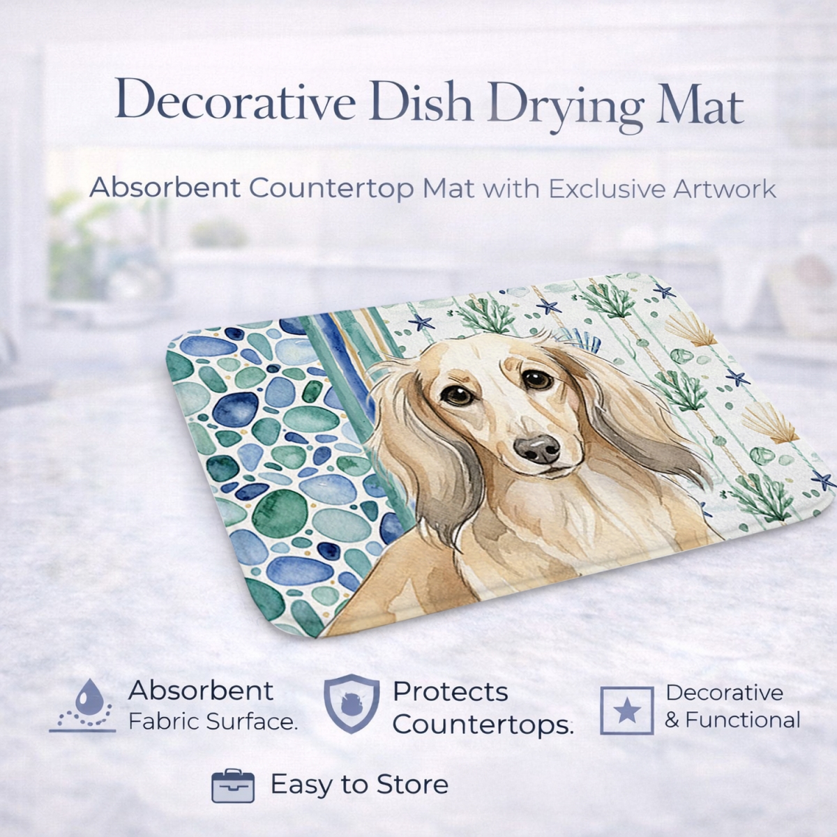 Picture of Carolines Treasures WDK6997DDM 21 x 14 in. Longhaired Cream Dachshund Coastal Sea Glass Dish Drying Mat