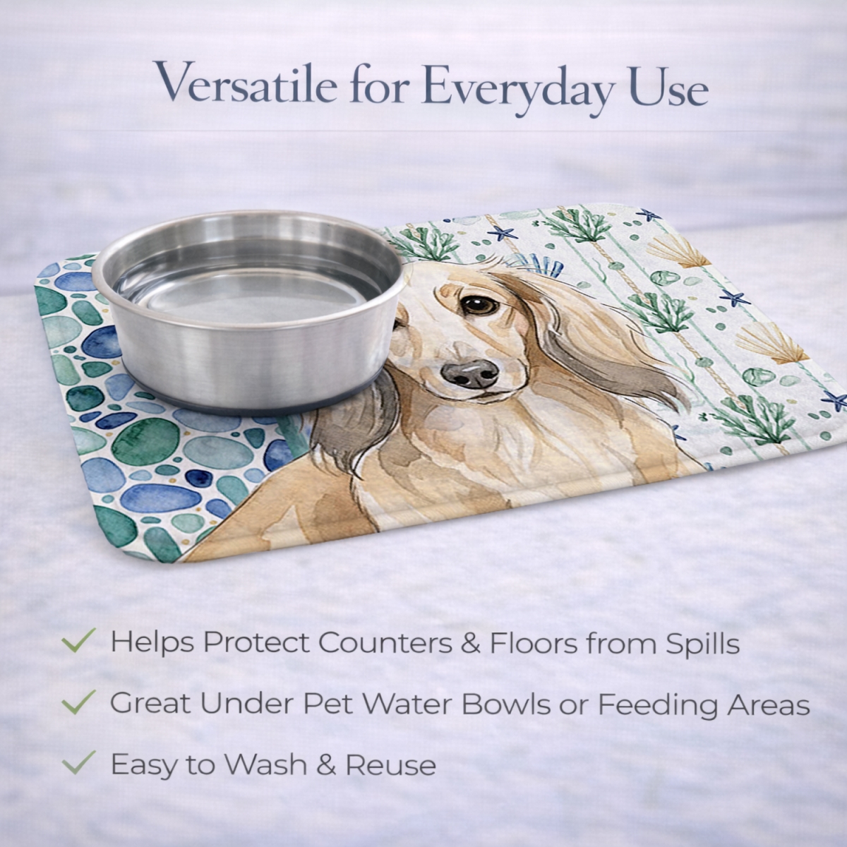 Picture of Carolines Treasures WDK6997DDM 21 x 14 in. Longhaired Cream Dachshund Coastal Sea Glass Dish Drying Mat