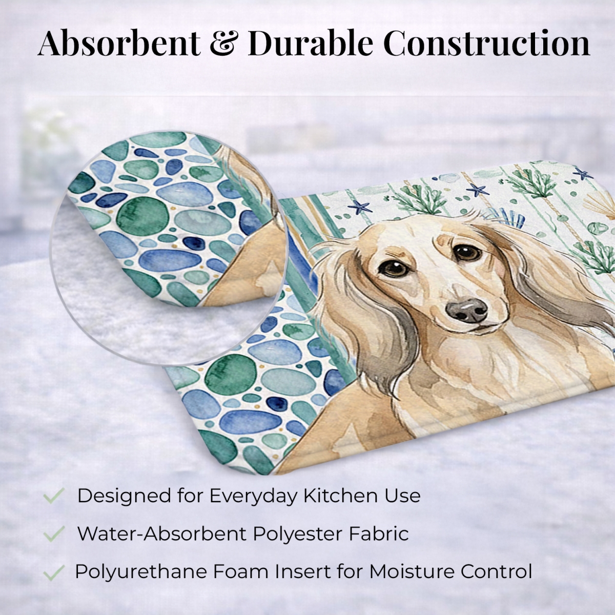 Picture of Carolines Treasures WDK6997DDM 21 x 14 in. Longhaired Cream Dachshund Coastal Sea Glass Dish Drying Mat
