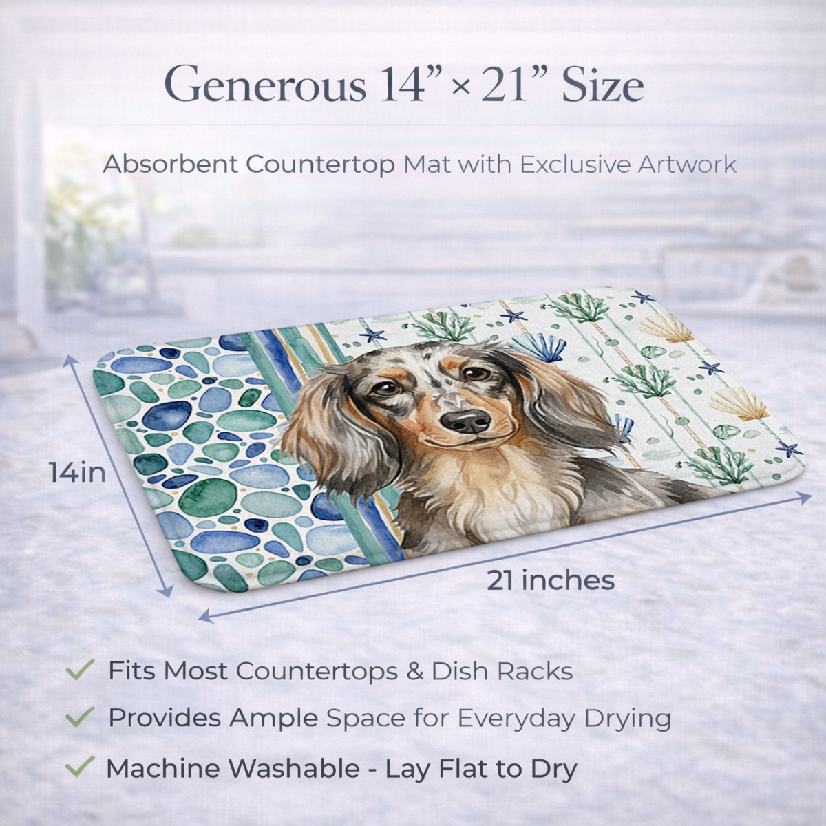 Picture of Carolines Treasures WDK6998DDM 21 x 14 in. Longhaired Dapple Dachshund Coastal Sea Glass Dish Drying Mat