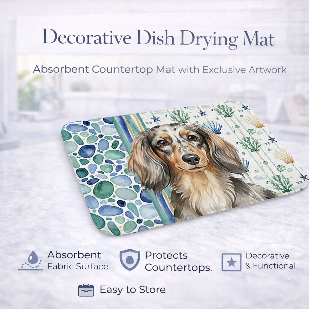 Picture of Carolines Treasures WDK6998DDM 21 x 14 in. Longhaired Dapple Dachshund Coastal Sea Glass Dish Drying Mat