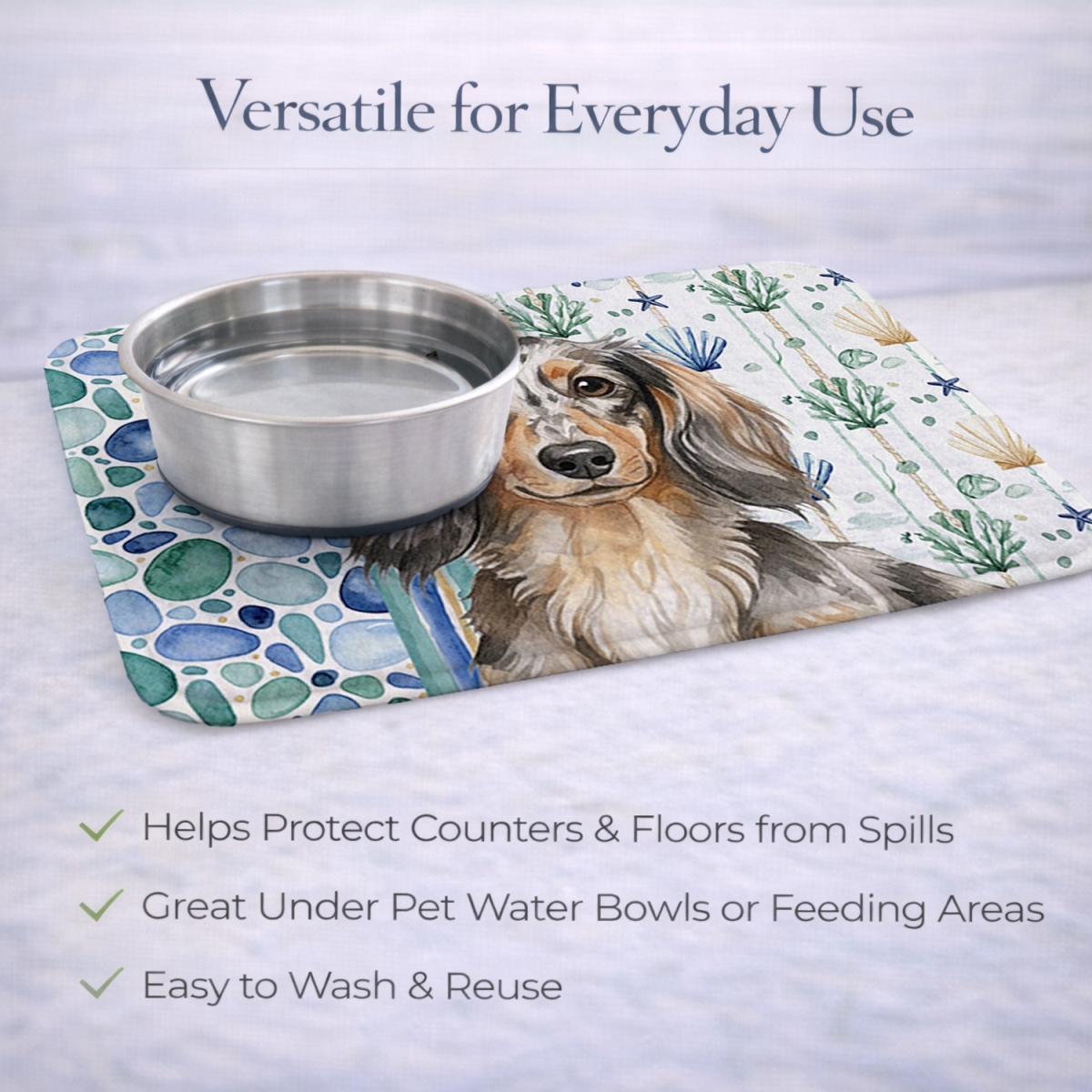Picture of Carolines Treasures WDK6998DDM 21 x 14 in. Longhaired Dapple Dachshund Coastal Sea Glass Dish Drying Mat