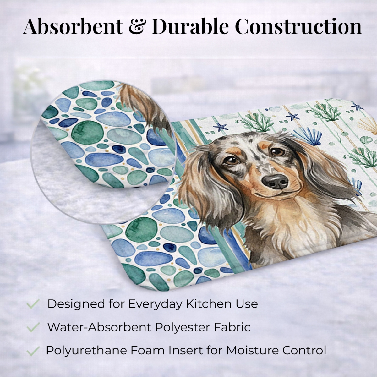 Picture of Carolines Treasures WDK6998DDM 21 x 14 in. Longhaired Dapple Dachshund Coastal Sea Glass Dish Drying Mat