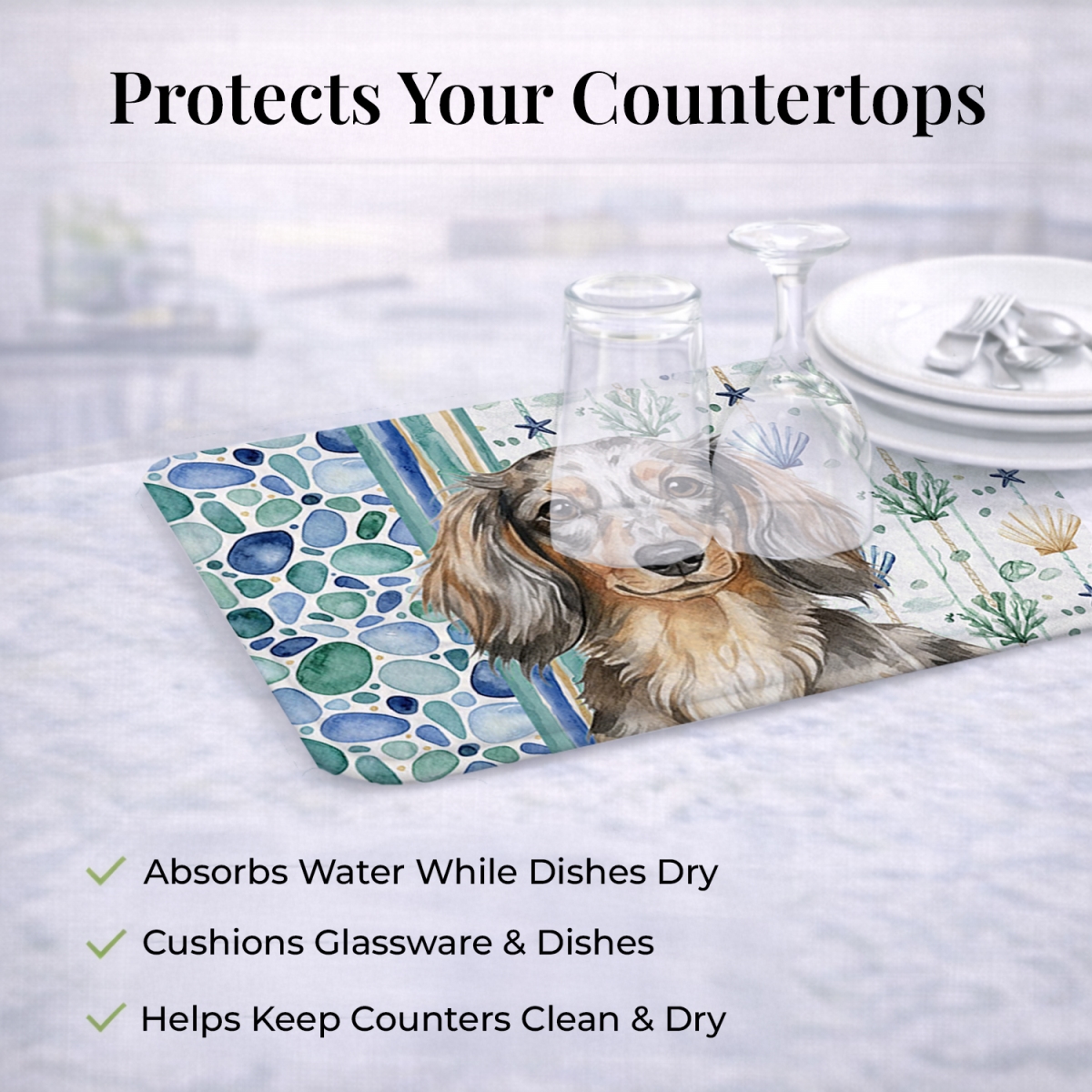 Picture of Carolines Treasures WDK6998DDM 21 x 14 in. Longhaired Dapple Dachshund Coastal Sea Glass Dish Drying Mat