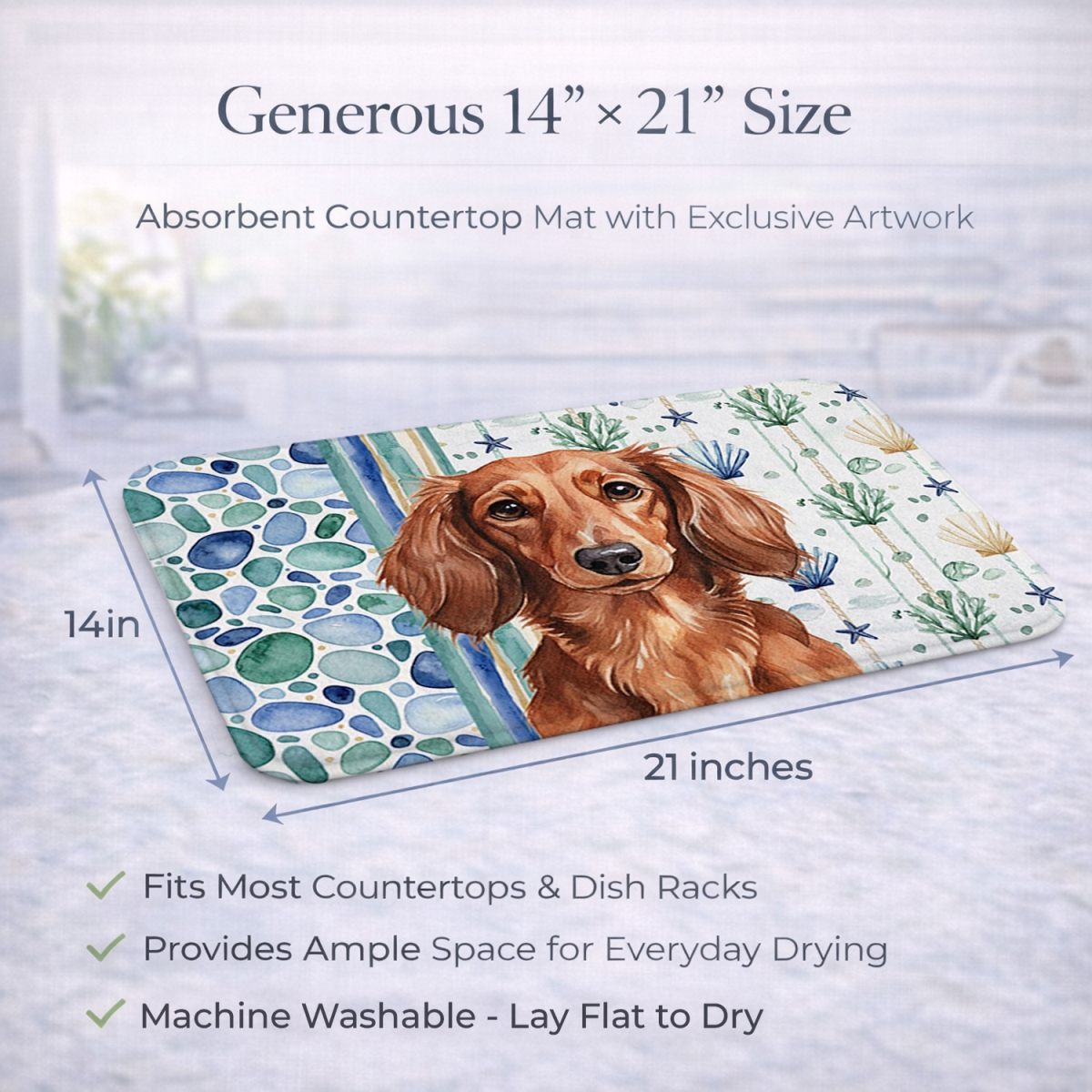 Picture of Carolines Treasures WDK6999DDM 21 x 14 in. Longhaired Red Dachshund Coastal Sea Glass Dish Drying Mat