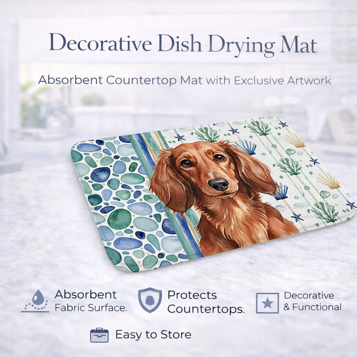 Picture of Carolines Treasures WDK6999DDM 21 x 14 in. Longhaired Red Dachshund Coastal Sea Glass Dish Drying Mat