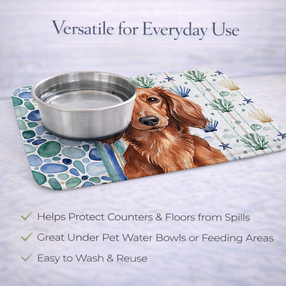 Picture of Carolines Treasures WDK6999DDM 21 x 14 in. Longhaired Red Dachshund Coastal Sea Glass Dish Drying Mat