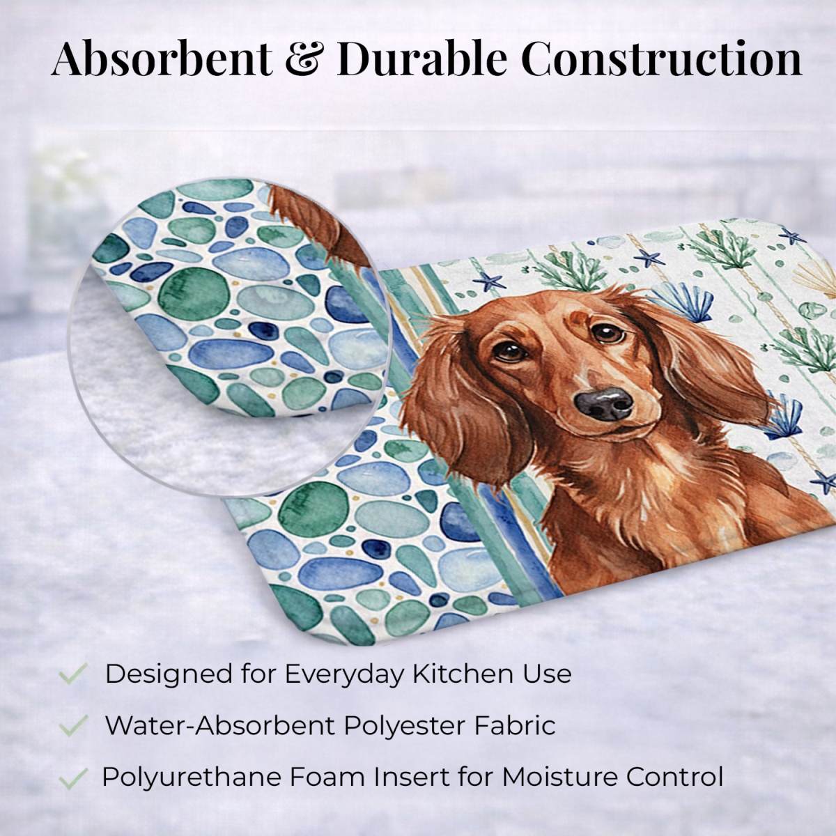 Picture of Carolines Treasures WDK6999DDM 21 x 14 in. Longhaired Red Dachshund Coastal Sea Glass Dish Drying Mat