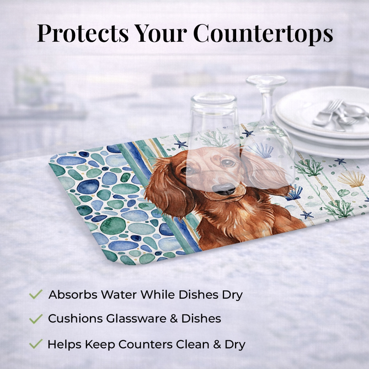 Picture of Carolines Treasures WDK6999DDM 21 x 14 in. Longhaired Red Dachshund Coastal Sea Glass Dish Drying Mat