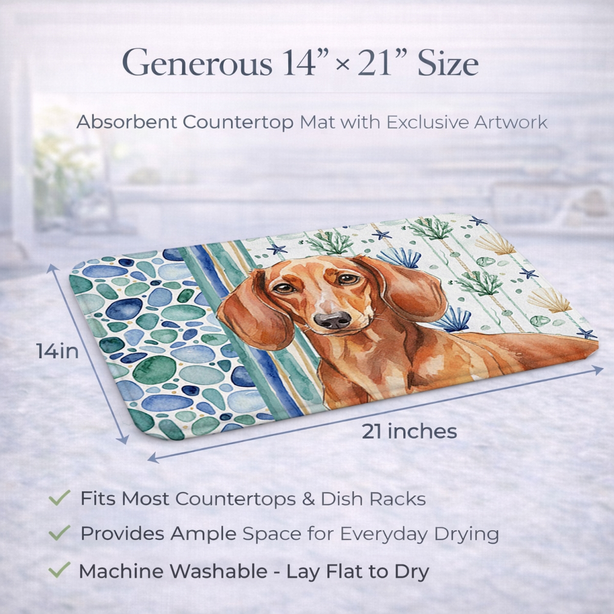 Picture of Carolines Treasures WDK7000DDM 21 x 14 in. Red Brown Dachshund Coastal Sea Glass Dish Drying Mat