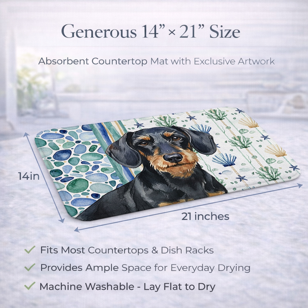 Picture of Carolines Treasures WDK7001DDM 21 x 14 in. Wirehaired Black & Tan Dachshund Coastal Sea Glass Dish Drying Mat